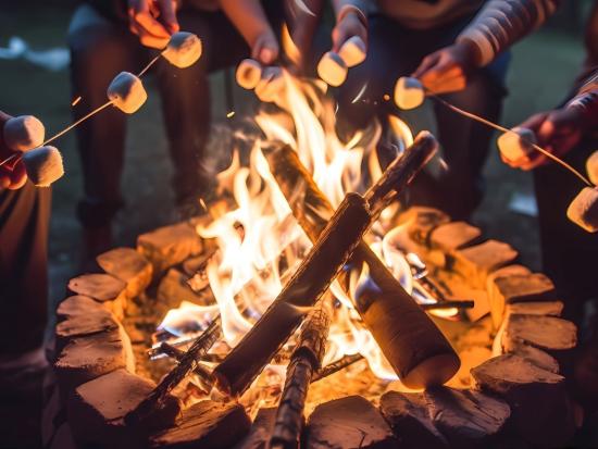 A group of people roast marshmallows around a campfire. Their hands hold sticks with marshmallows over a fire burning in a rock pit. Adobe Stock image. 